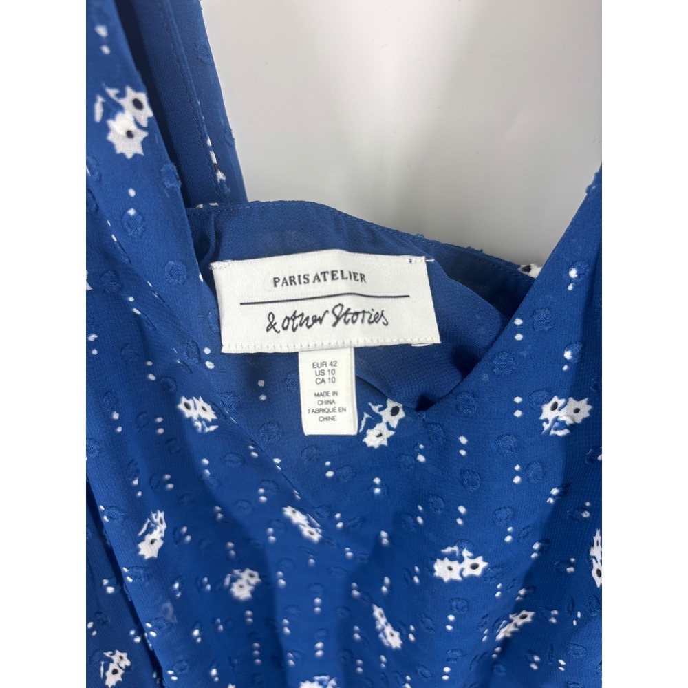 & Other Stories Paris Atelier Blue Floral Clip Dot Midi Dress V-Neck Size 10 - Picture 5 of 5